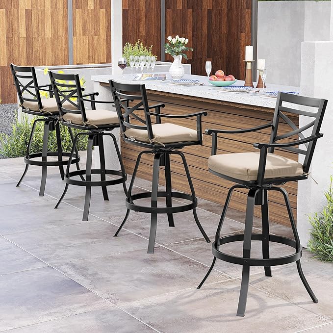 Pellebant 4 Pack Sunbrella Outdoor Bar Stools 30", Aluminum Swivel Patio Bar Height Bar Stools with Footrest and Backrest, for Deck Lawn Garden(Canvas Antique Beige)