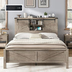 AMERLIFE Farmhouse Queen Bed Frame with Storage Headboard & Charging Station, Rustic Wood Platform Bed with Barn Door Bookcase, No Box Spring Needed, Light Grey Bedroom Furniture