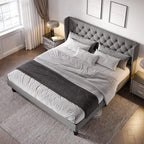 Allewie King Size Upholstered Platform Bed Frame with Wingback and Button Tufted Headboard for Reading, Strong Wood Slat Support, Modern Design, Easy Assembly, Light Grey