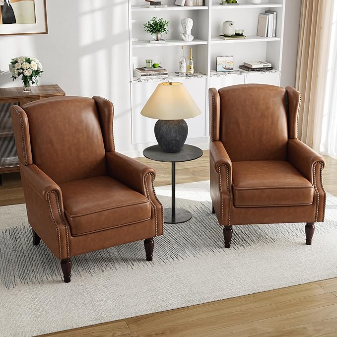 Pia Ricco High Back Floral Accent Chair - Retro Wingback Upholstered Armchair in Faux Leather, Nailhead Trim & Solid Wood Legs for Living Room Bedroom Reading Chair（Brown