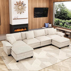 157-Inch U Shaped Sectional Sofa with Cloud Cushions, Deep Seat Modular Couch Set w/ 6 Seats & 2 Ottomans, Removable Arms, Plush Corduroy Upholstery for Living Room, Apartment - Beige
