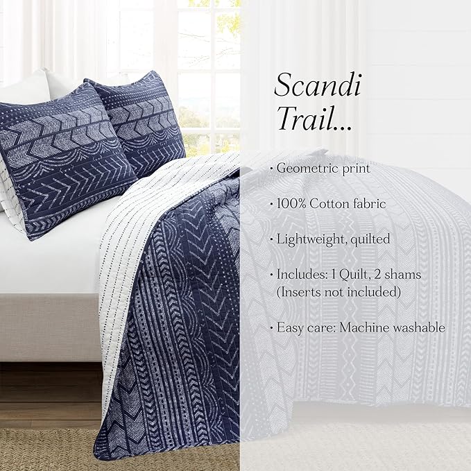 Lush Decor Hygge Geo Pattern Striped 3 Piece Quilt Bedding Set, Full/Queen, Navy