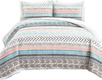 Lush Decor Hygge Geo Pattern Striped 3 Piece Quilt Bedding Set, Full/Queen, Neutral & Multicolored