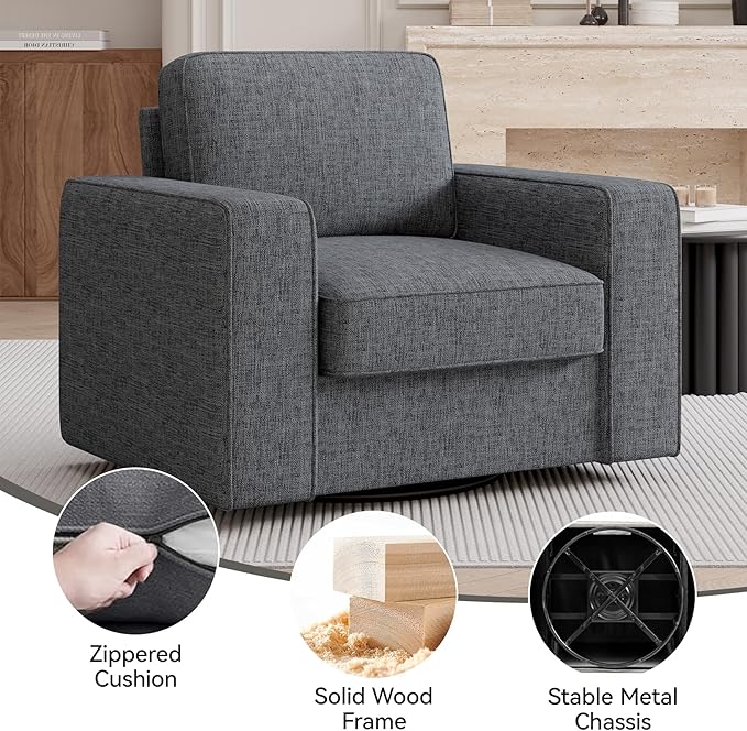 360 Degree Rotation Swivel Accent Sofa Chairs Set of 2, 36'' Width Oversized Armchairs Linen Living Room, Reading-Dark Gray