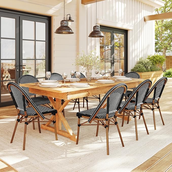 Martha Stewart Lily Pond Indoor-Outdoor Stackable Aluminum Bistro Chair with Natural Woodgrain Frame Finish and Black/White Woven Rattan Backrest and Seat