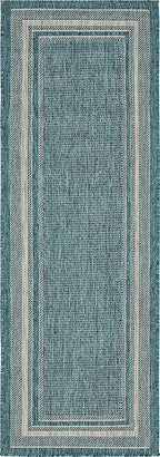 Unique Loom Outdoor Border Collection Area Rug - Soft Border (2'x 6' 1" Runner, Teal/ Ivory)