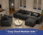 Hobestluk 120" Cloud Modular Sectional Couch 3-Seater Sofa with Ottoman L Shaped Sofa with Removable Cover Large Sofa Couch for Living Room (Blue Grey, 3-Seater Sofa with One Ottoman)
