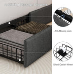 Full Size Upholstered Platform Bed Frame with 4 Storage Drawers and Charging Station, Linen Button Tufted Wingback Headboard, Sturdy Wooden Support Slats, No Box Spring Needed, Dark Grey