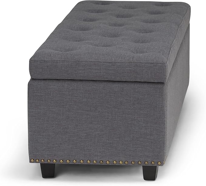 SIMPLIHOME Hamilton 48 inch Wide Transitional Rectangle Storage Ottoman in Slate Grey Linen Look Fabric, Assembled, For the Living Room, Entryway and Family Room