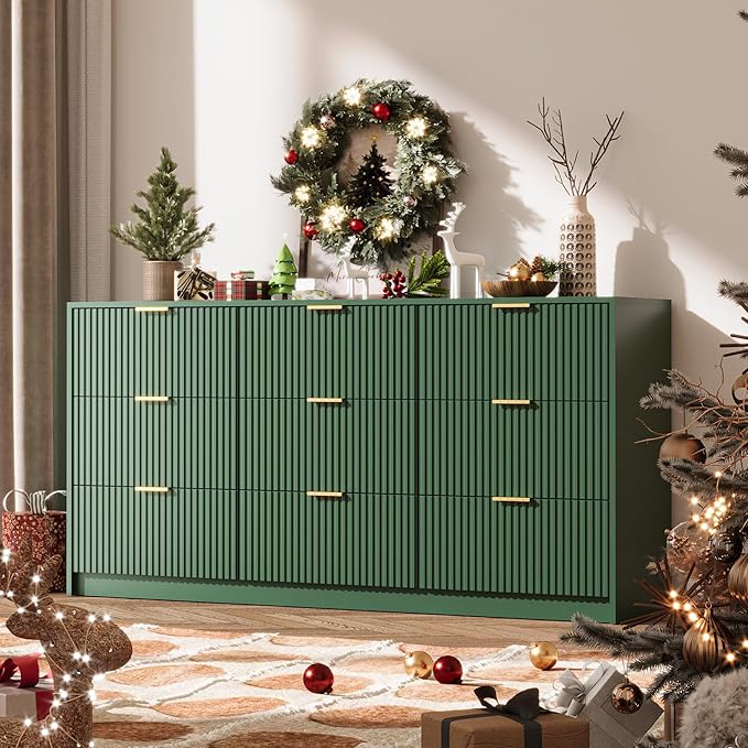 Green Dresser for Bedroom, 9 Drawer Double Dresser, Modern Chest of Drawers for Bedroom, Living Room, Entryway and Closet, 63" L x 15.7" D x 31.5" H