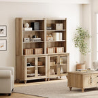 WAMPAT 5 Tier Bookshelf 72" Tall Bookcase with Glass Doors,Large Farmhouse Display Book Shelf with Adjustable Shelves and Storage Cabinet，Library Wood Bookshelves for Living Room,Kitchen, Oak(2PCS)