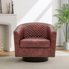 Pia Ricco Faux Leather Swivel Barrel Accent Chairs, 360° Swivel Round Single Sofa Chair, Comfy Upholstered Club Armchair with Nailhead Trim for Living Room/Reading Room/Bedroom, Red Brown