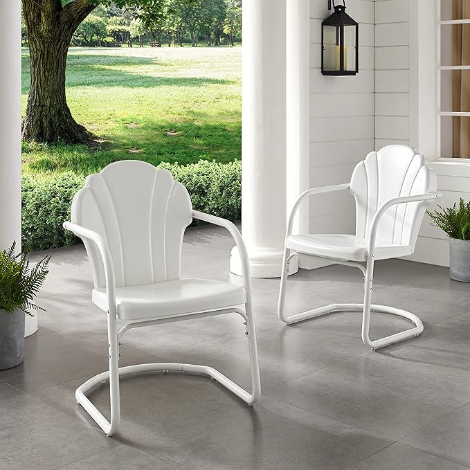 Crosley Furniture Tulip 2-Piece Outdoor Chair Set, Retro Metal Patio Chairs for Dining, Porch, Deck, Balcony, White Satin