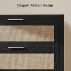 SICOTAS Rattan Dresser for Bedroom, 56.9" Wide 6 Drawer Dresser with Ample Storage, Wooden Dressers Large Chest of Drawers, Closet, Boho TV Stand for Bedroom (Black Oak, 2 Pieces)