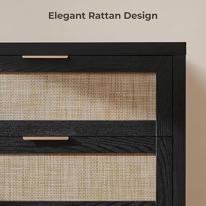 SICOTAS Rattan Dresser for Bedroom, 56.9" Wide 6 Drawer Dresser with Ample Storage, Wooden Dressers Large Chest of Drawers, Closet, Boho TV Stand for Bedroom (Black Oak, 2 Pieces)