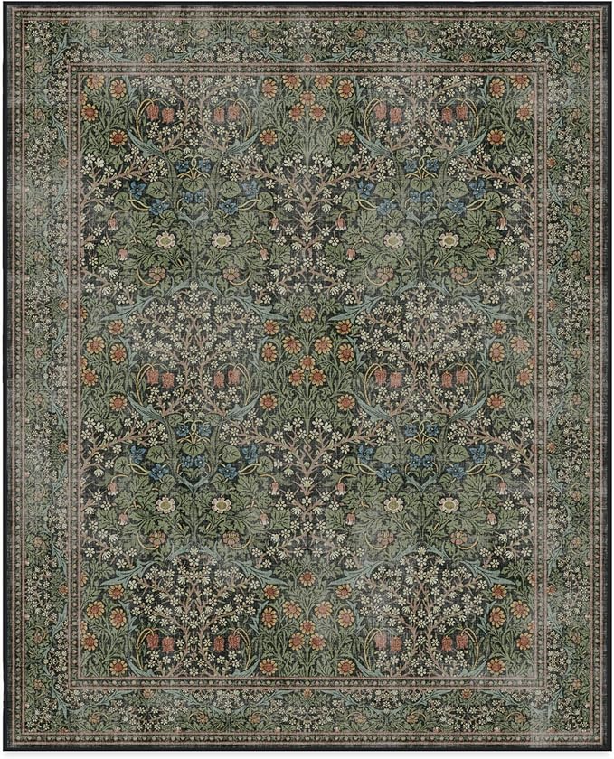 RUGGABLE x Morris & Co Washable Area Rug– Blackthorn Forest Green 8x10, Stain-Resistant, Non-Slip – Large Machine Washable Rugs for Living Room, Bedroom, Hallway, Entryway & Office–with Cushioned Pad