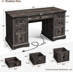 EnHomee 58" W Farmhouse Executive Desk with Drawers, Wood Home Office Desks with Power Outlets, Rustic Computer Desk with Storage Cabinet for Working, Studying, Writing, Dark Rustic Oak