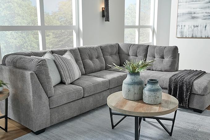 Signature Design by Ashley Marleton Contemporary Right-Arm Facing Tufted 2-Piece Sectional with Chaise and Loose Seat Cushions, Light Gray
