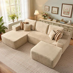 106" Cloud Sectional Couch with L-Shape Chaise & Ottoman, No Assembly Modular Sofa, Deep Seat Plush Corduroy Boneless Couched for Living Room (Beige Plush Corduroy, Left Facing Chaise with Ottoman)