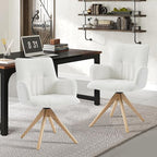 Art Leon Mid Century Swivel Chair - Boucle Fabric Upholstered Desk Chair No Wheels, Accent Armchair with Oak Wood Legs for Small Space Living Room Bedroom, Set of 2, Off White