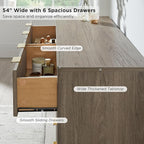 T4TREAM Fluted 6 Drawers Dresser, 54" Wide Modern Chest of Drawers, Curved Profile Design, Dresser TV Stand, Wood Drawer Organizer for Bedroom, Living Room, Hallway, Grey Alder
