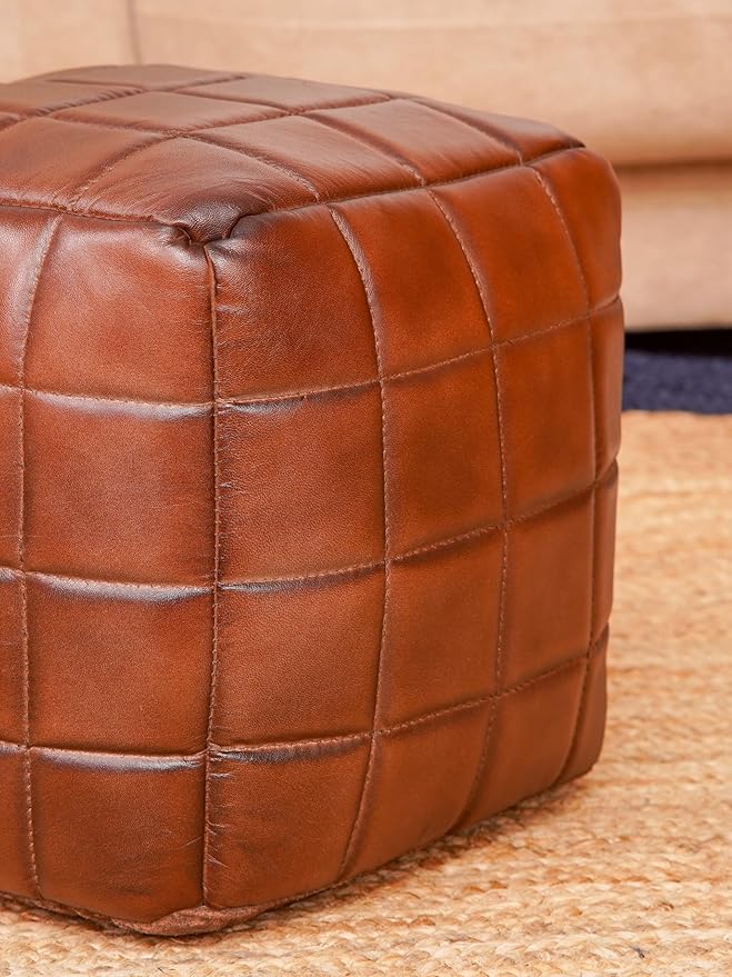 Handmade Eco-Friendly Geometric Leather Pouf Brown Color Square 14" x 14" x 14" Leather Pouf for Living Room, Bedroom Seating, Patio