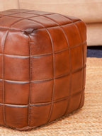 Handmade Eco-Friendly Geometric Leather Pouf Brown Color Square 14" x 14" x 14" Leather Pouf for Living Room, Bedroom Seating, Patio