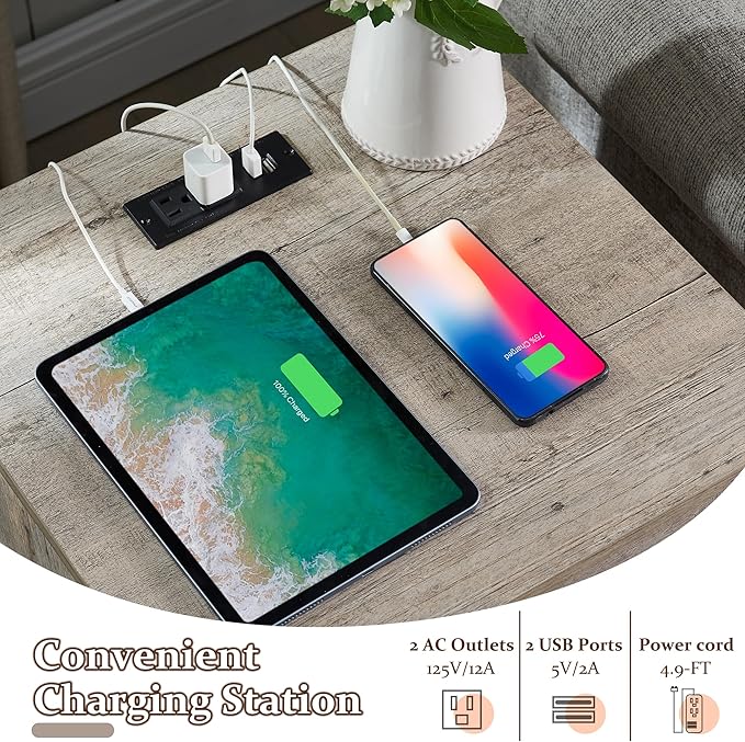 T4TREAM Nightstand with Charging Station, End Table, Side Table with 2 Drawers Storage Cabinet for Bedroom, Living Room, Farmhouse Design, Wood Rustic,Light Rustic Oak