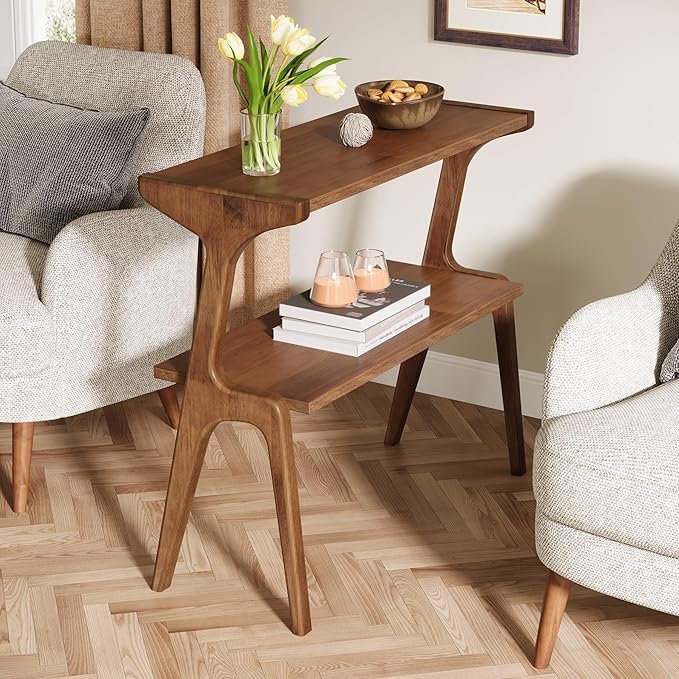 Tribesigns Wood End Table, Farmhouse Narrow Side Table with Storage Shelves, 2-Tier Slim Couch Side Table for Living Room, Long Bedside Table for Bedroom, Small Spaces, Rustic Brown