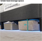 Queen Bed Frame with Storage Headboard and RGB LED Lights, Modern Upholstered Platform Bed Frame Queen Size with Charging Station, Stable Easy Assembly,Dark Grey