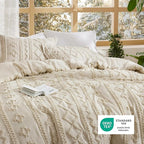 Bedsure Tufted Boho Comforter Set Oversized King - Beige Boho Bed Set, GentleSoft™ 3 Pieces Farmhouse Shabby Chic Embroidery Bedding, Gifts for Woman, Soft Jacquard Comforter for All Seasons