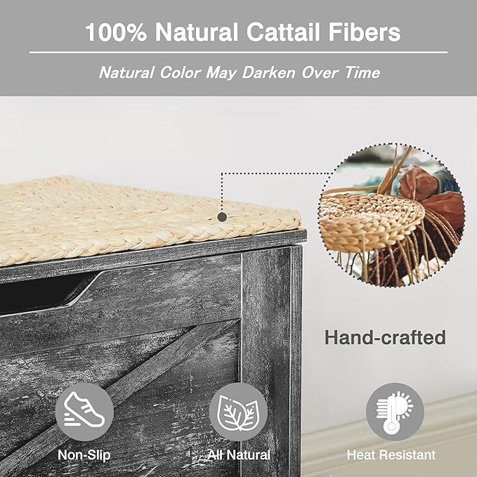 VECELO 30" Storage Bench, Entryway Shoe Ottoman, Farmhouse Style Bench with Handwoven Cushion and Metal Safety Hinges, for Bedroom, Living Room, Entryway, Gray