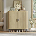 Maupvit Shoe Storage Cabinet with Smooth Fluted Sliding Doors, 5-Tier Shoe Cabinet Storage for Entryway, Narrow Hidden Shoe Rack for Front Door Entrance, Metal Handles and Legs, Natural