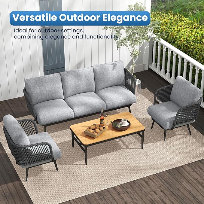 6 Piece Outdoor Patio Furniture Set, Outdoor 5-Seat Sofa with Coffee Table, Waterproof Thick Cushion Patio Conversation Set, All Weather Outdoor Couch Set for Deck, Lawn, Balcony, Porch