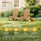 nevilywood Folding Adirondack Chair - Extended Ergonomic Backrest, Cup Holder - Easy Assembly - Durable HDPE Plastic, Weather Resistant & Maintenance-Free - Lawn, Patio, Deck Supports 380lbs Teak