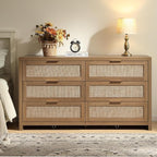 SICOTAS Rattan Dressers for Bedroom Set 2, Large 6 Drawer Dresser Long Chest of Drawers, Dresser Farmhouse TV Stand for Bedroom, Living Room, Nursery, Closet (Reclaimed Caramel Oak, 2 Pieces)