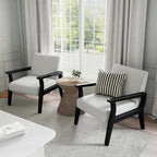 HNY Mid Century Armchair with Black Wood Frames, Linen Upholstered Living Room Arm Chair, for Living Room, Bedroom, Ivory