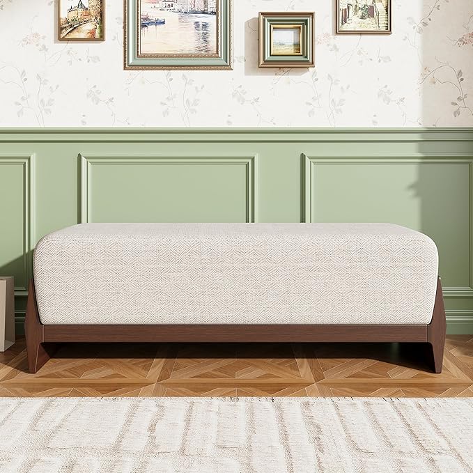 Christopher Knight Home Kingen 55'' Linen Fabric Upholstered End of Bed Ottoman, Wooden Living Room Ottoman Bench with Thick Soft Cushions, Long Entryway Bench, Long Seating for Bedroom, Brown + White