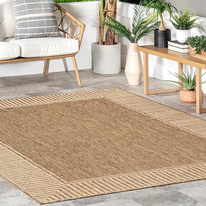 nuLOOM 2' x 6' Outdoor/Indoor Asha Area Rug, Asha Light Brown, Casual Design with Striped Border, Stain Resistant, Highly Durable, for Patio, Balcony, Bedroom, Living Room, Dining Room, Bathroom