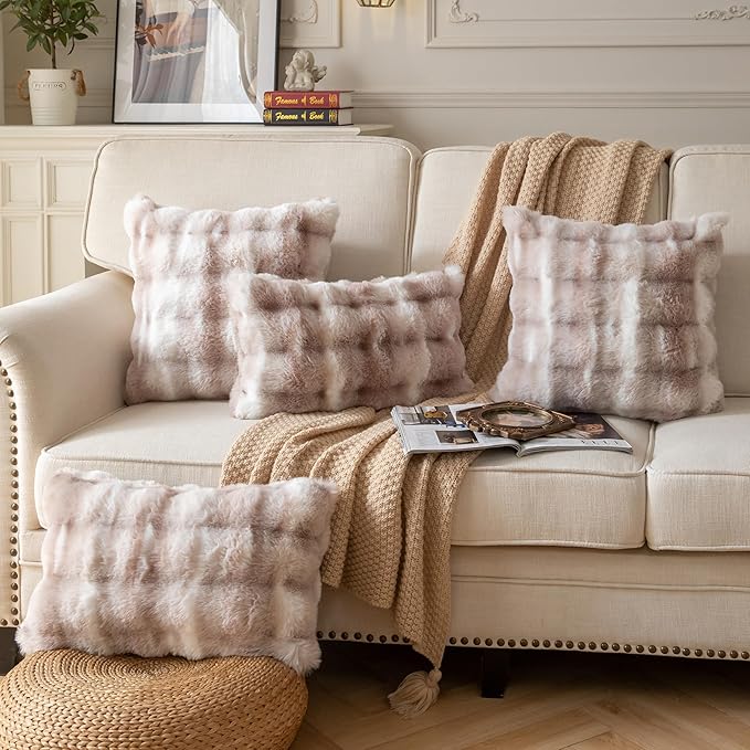 Pack of 2 Thick Plush Throw Pillow Covers Fluffy Wave Faux Fur Decorative Cushion Covers Soft Wool Pillowcase for Sofa Couch Livingroom 20x20 Inch White Taupe