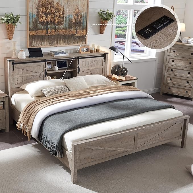 T4TREAM Farmhouse King Size Bed Frame w/Storage Bookcase Headboard, Sliding Barn Door, Charging Station, Rustic Wood Platform Bed w/Wood Slats Support, No Box Spring Needed, Light Rustic Oak