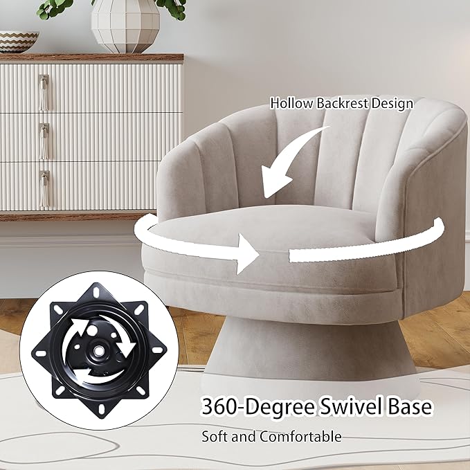 Swivel Accent Chair,Upholstered Velvet 360° Swivel Barrel Chair for Living Room Overstuffed Bouncle Reading Chair Round Armchair for Bedroom,Vanity,Office (Grey)