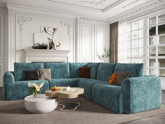 EASE MOOSE Cloud Couch Sectional Sofa, Large L-Shaped Oversized Modular Couch for Living Room, Minimalist Boneless Convertible Couches, 5-Seat Deep Sofas for Bedroom, Chenille (Blue)