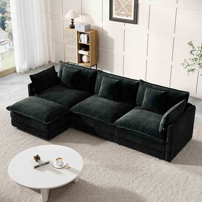 Modular Sectional Sofa, 111.5 Inch L-Shaped Cloud Sofa with Deep Seat Chenille Sofa with Cushions, Three-Self Sectional Sofa for Living Room Apartment,Black