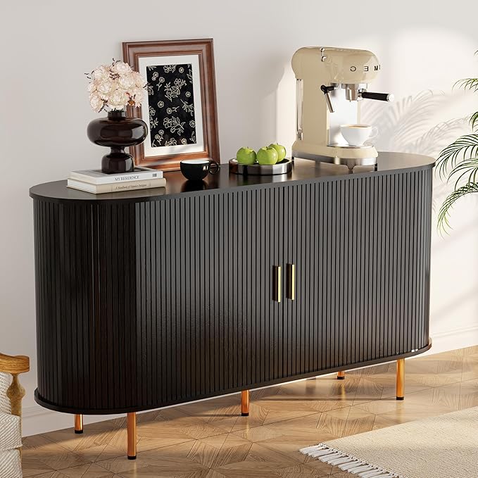 DHH Storage Cabinet, Fluted Sideboard Buffet Cabinet with Tambour Sliding Doors& Adjustable Shelf, Accent Coffee Bar Console Table for Kitchen, Living Room, Entryway (Black, 55 Inch)