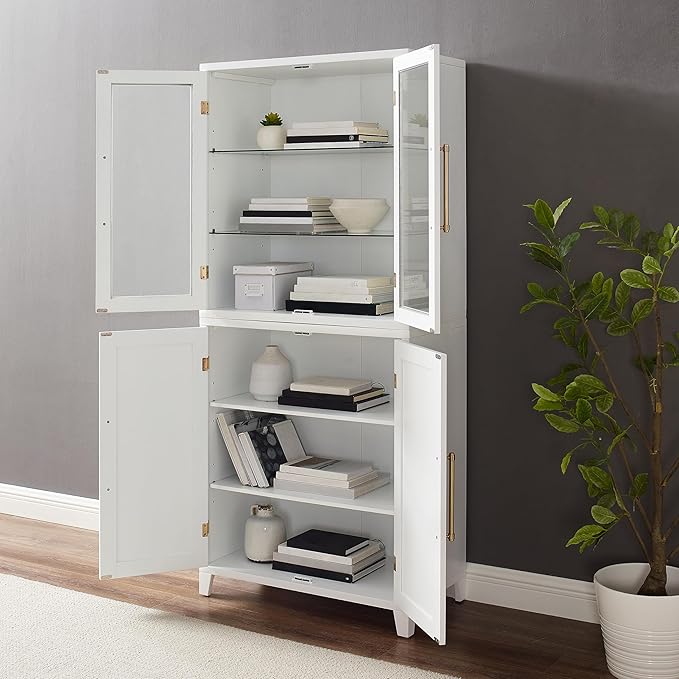 Crosley Furniture Roarke Glass Door China Hutch Kitchen Pantry Storage Cabinet with Doors and Shelves, White