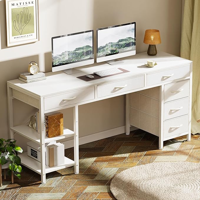 Huuger Computer Desk with 6 Drawers, 54 Inch Office Desk with Shelves, Reversible Gaming Desk, Corner Desk with Storage, Work Desk for Home Office, Study, Living Room, White