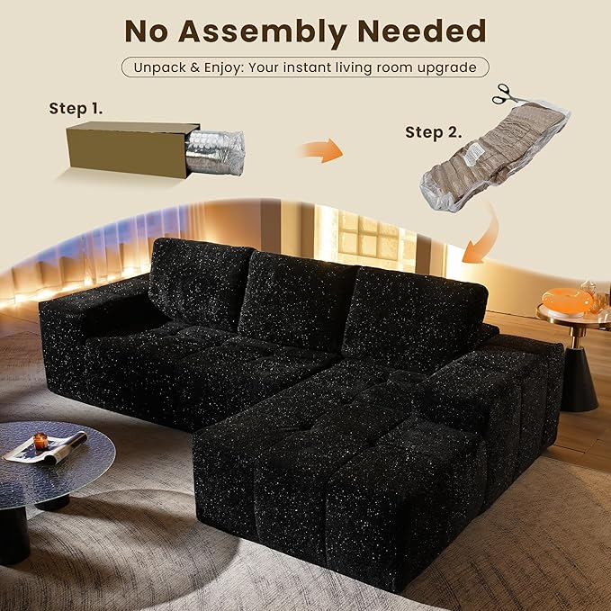 114" Glitter Cloud Sectional Couch with L-Shape Chaise, Modern Boneless Couches for Living Room, Fluffy Tufted Deep Seat Modular Sofa in a Box No Assembly