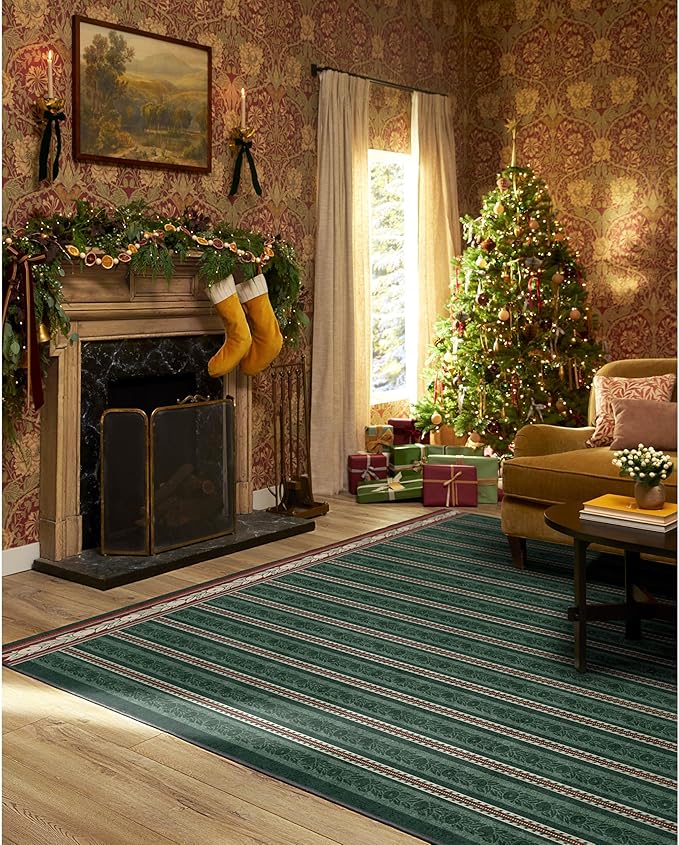 RUGGABLE x Morris & Co Machine Washable Christmas Area Rug– Fruit Stripe Spruce Green 8x10, Stain-Resistant, Non-Slip–Large Rugs for Living Room, Bedroom, Hallway, Entryway & Office–with Standard Pad