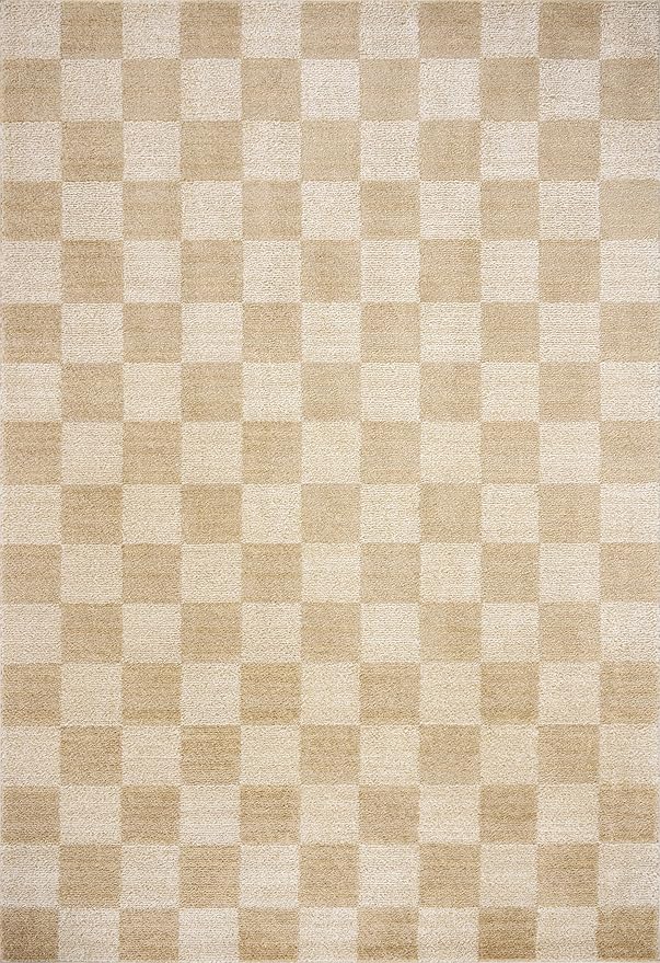 Loloi Chris Loves Julia Calvin Collection CLV-01 Wheat/Ivory 5'-3" x 7'-6" Area Rug Checkered Neutral Soft Living Room Bedroom Carpet